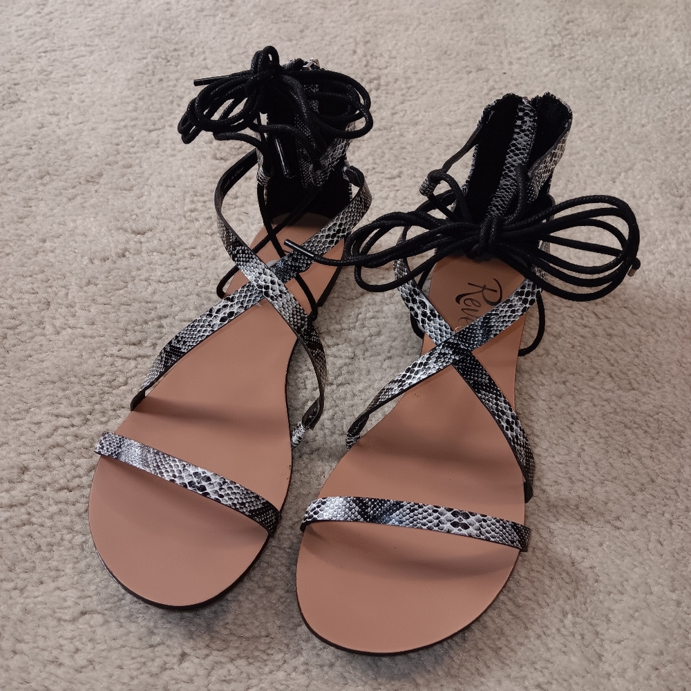 Revel Stella Black Grey White Snake Print Strappy Gladiator Sandals 7.5M NEW